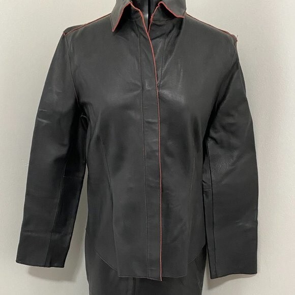 Madison Studio Black with Red Pin Stripe Leather Womens Jacket Size 8P - Picture 2 of 12